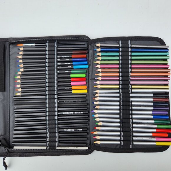 NEW 74 Piece Art Kit Supplies Watercolor Pencils Charcoal Travel Case Colored Pe - Picture 4 of 12